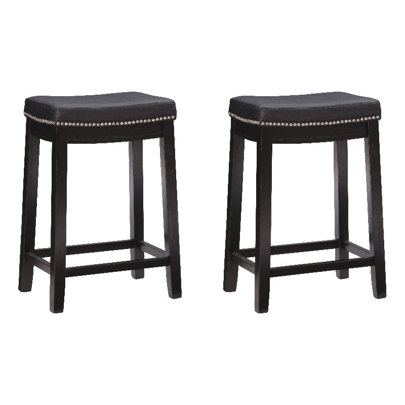 Pemberly Row Set of 2 Counter Stools with Black Faux Leather Seats