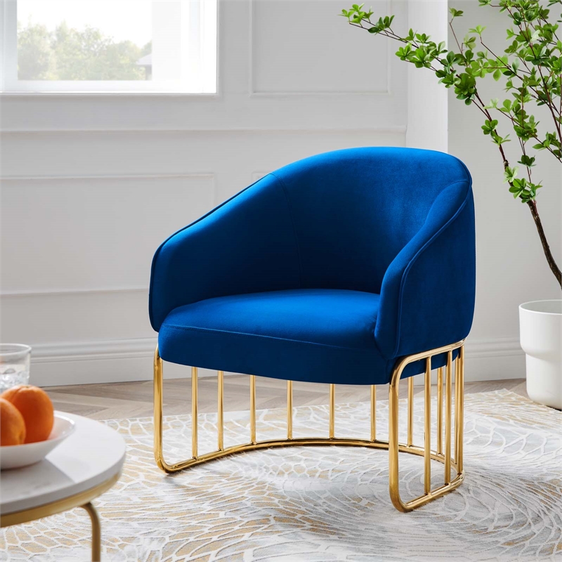 Pemberly Row Retro Modern Velvet Armchair with Gold Base in Navy