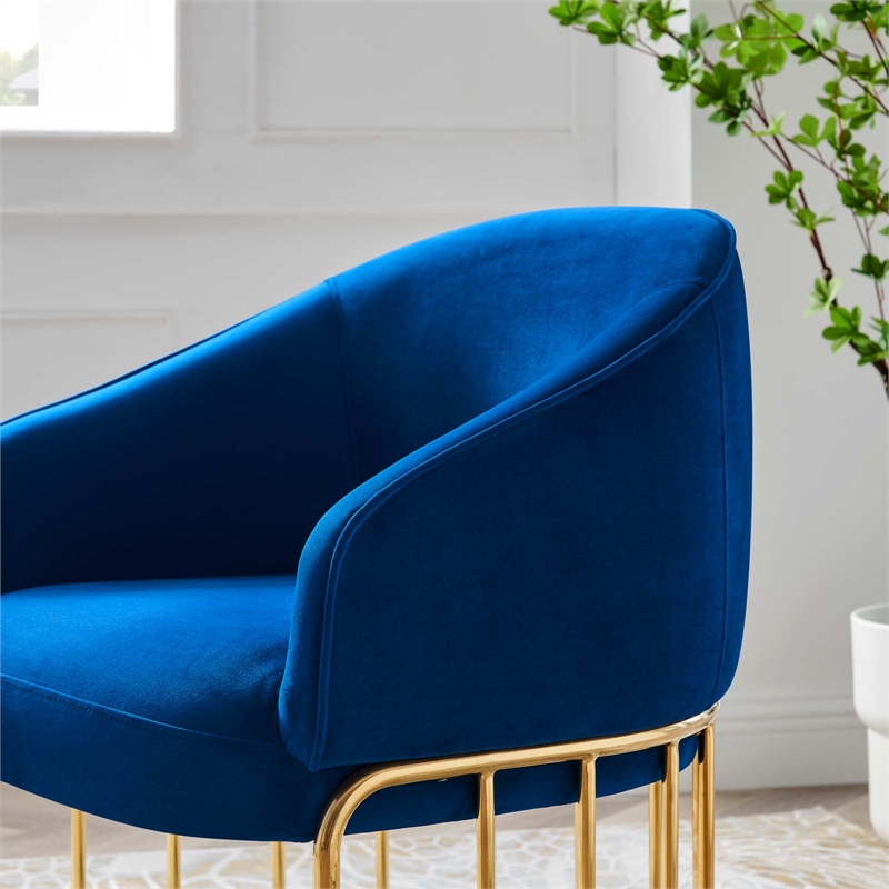 Pemberly Row Retro Modern Velvet Armchair with Gold Base in Navy