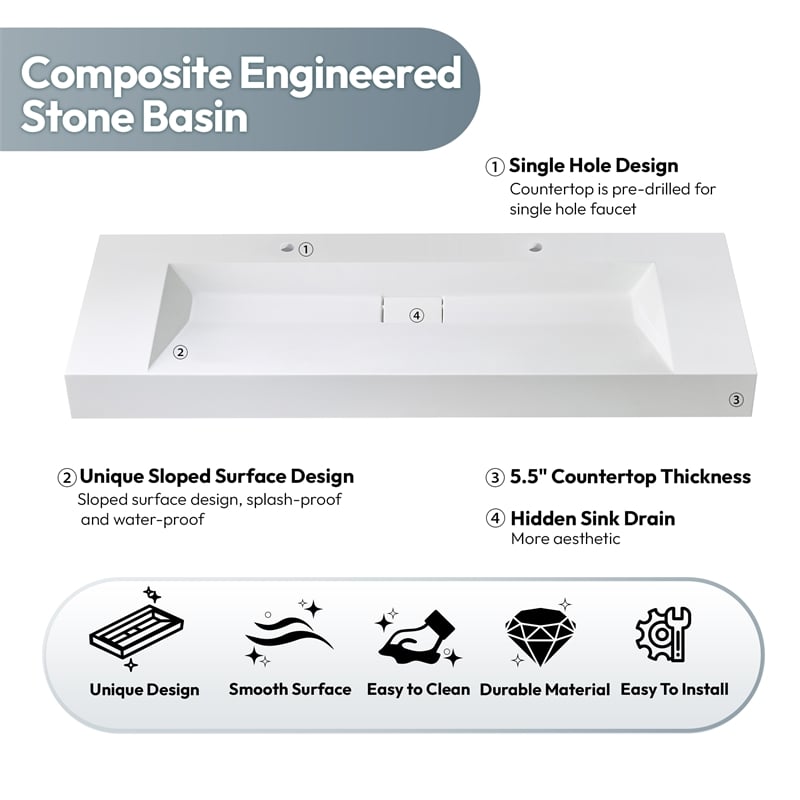 Pemberly Row 60 in Console Bathroom Sink in White Composite Granite