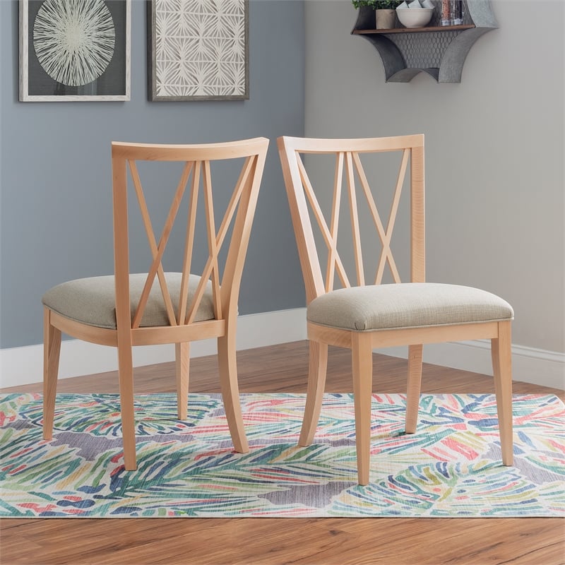 Pemberly Row Set of 2 Dining Chairs Crosshatch Backrest Natural Wood Finish