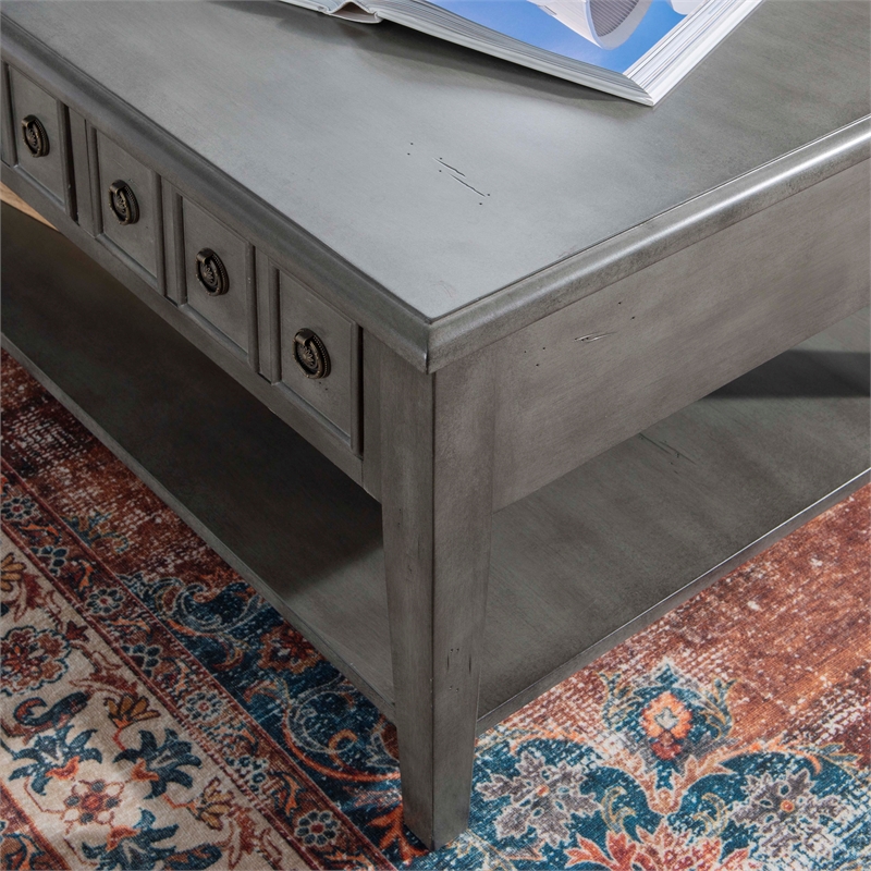 Pemberly Row Coffee Table with 3 Drawers and Bottom Shelf in Grey Finish