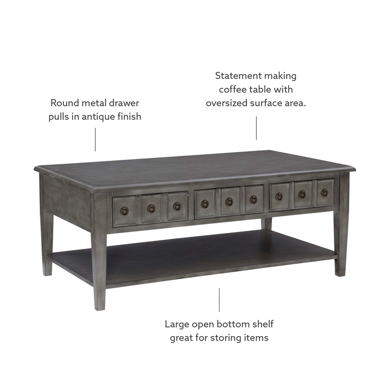 Pemberly Row Coffee Table with 3 Drawers and Bottom Shelf in Grey Finish