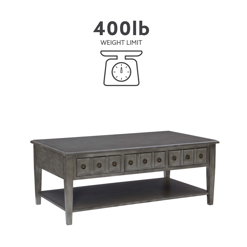 Pemberly Row Coffee Table with 3 Drawers and Bottom Shelf in Grey Finish