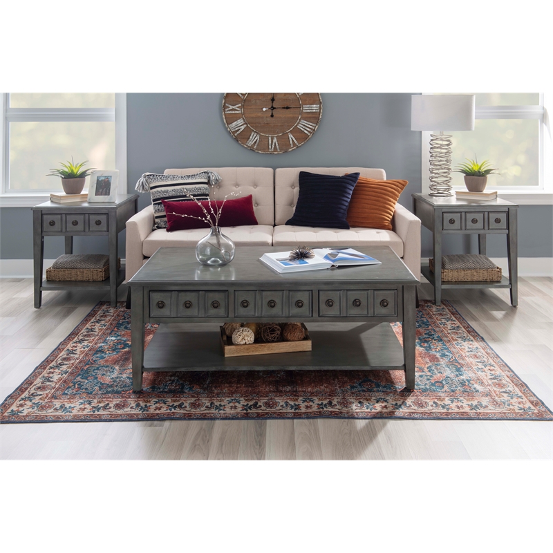 Pemberly Row Coffee Table with 3 Drawers and Bottom Shelf in Grey Finish