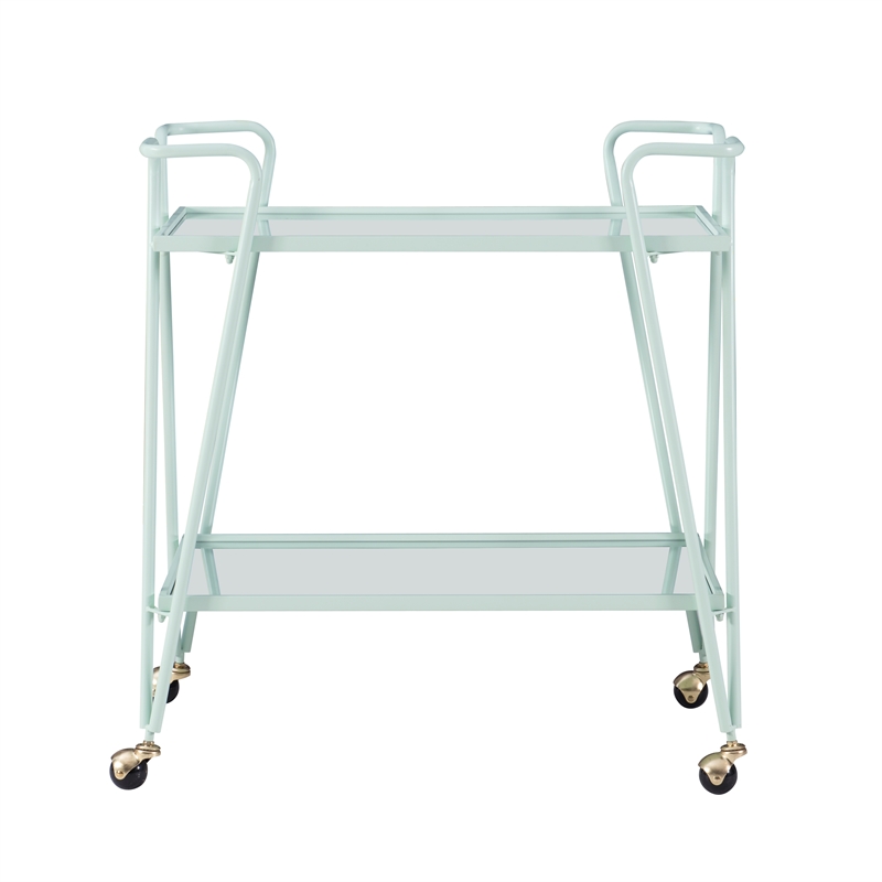 Pemberly Row 2-Level Rolling Bar Cart in Mint Green Metal with Mirrored Shelves