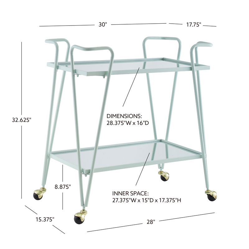 Pemberly Row 2-Level Rolling Bar Cart in Mint Green Metal with Mirrored Shelves