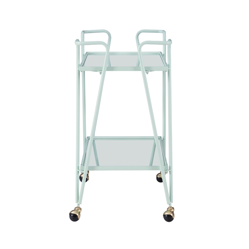 Pemberly Row 2-Level Rolling Bar Cart in Mint Green Metal with Mirrored Shelves