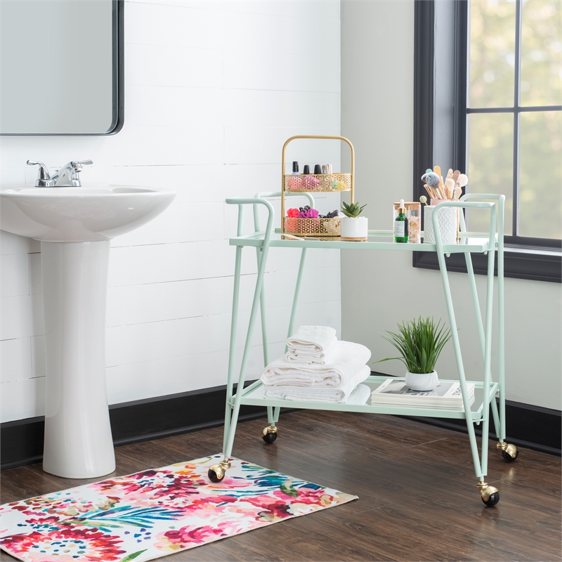 Pemberly Row 2-Level Rolling Bar Cart in Mint Green Metal with Mirrored Shelves