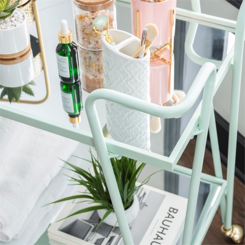 Pemberly Row 2-Level Rolling Bar Cart in Mint Green Metal with Mirrored Shelves