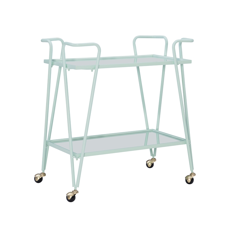 Pemberly Row 2-Level Rolling Bar Cart in Mint Green Metal with Mirrored Shelves