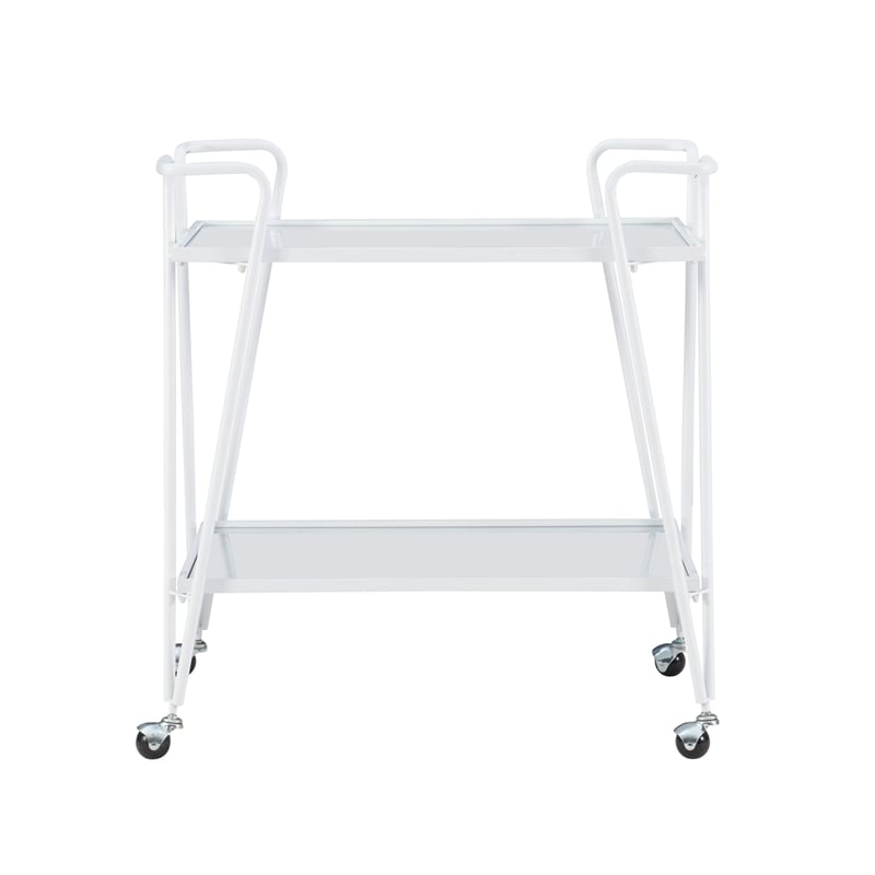 Pemberly Row 2-Level Rolling Bar Cart in White Metal with Mirrored Shelves