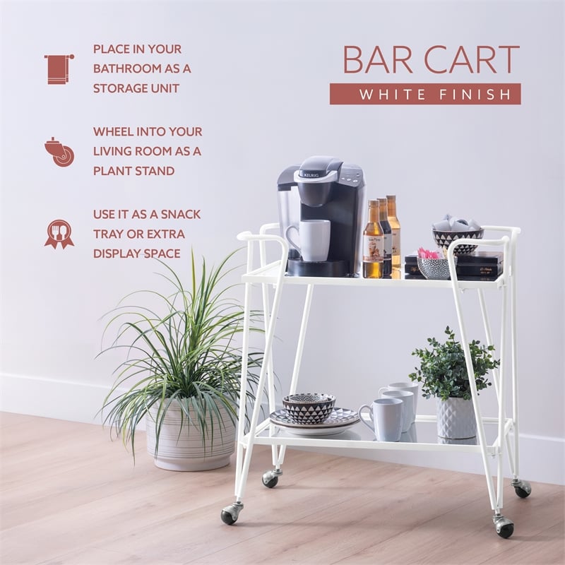 Pemberly Row 2-Level Rolling Bar Cart in White Metal with Mirrored Shelves