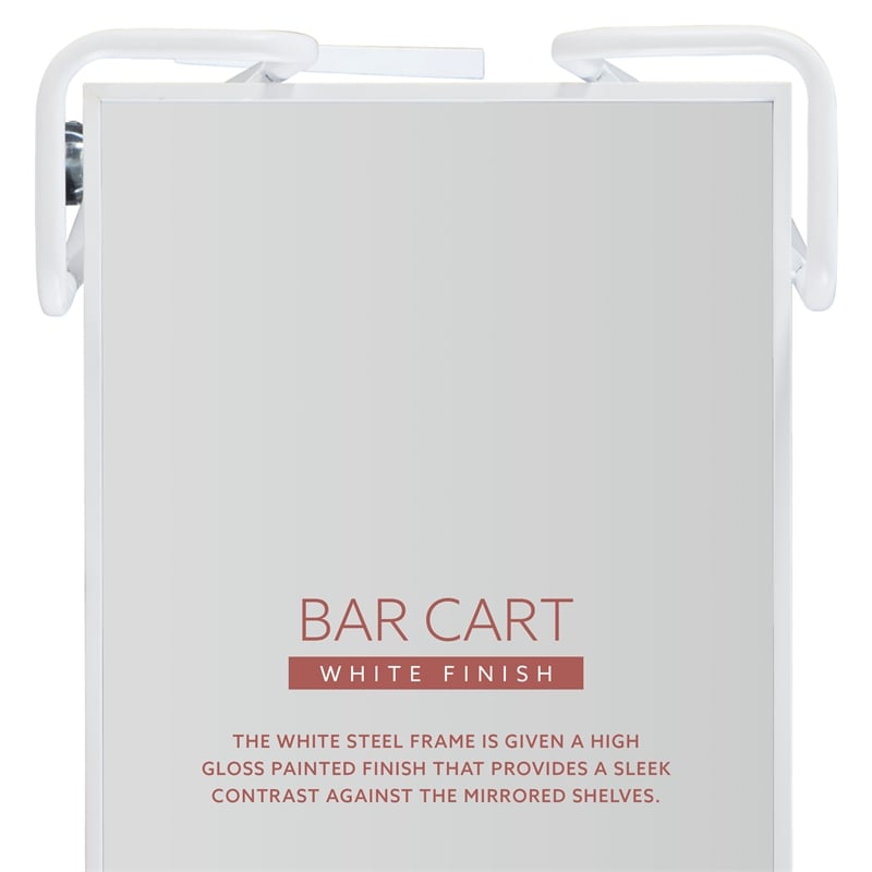 Pemberly Row 2-Level Rolling Bar Cart in White Metal with Mirrored Shelves