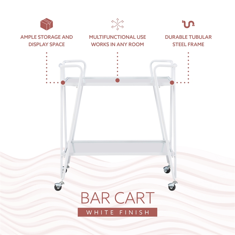 Pemberly Row 2-Level Rolling Bar Cart in White Metal with Mirrored Shelves