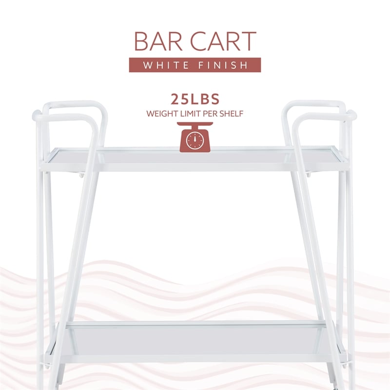 Pemberly Row 2-Level Rolling Bar Cart in White Metal with Mirrored Shelves