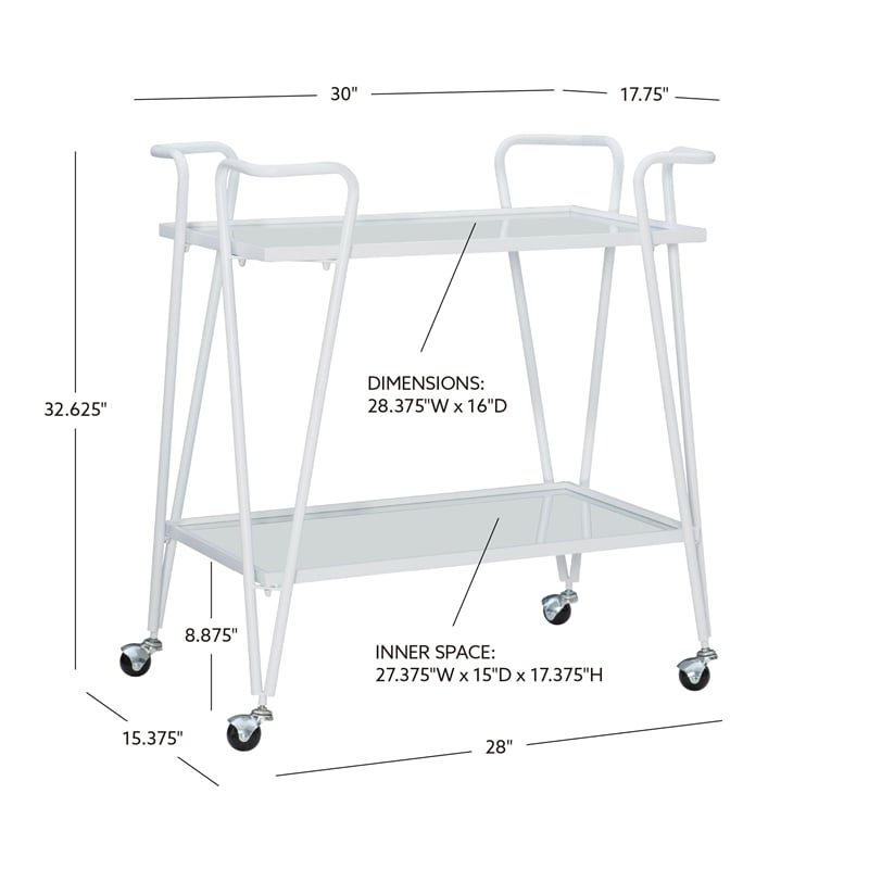 Pemberly Row 2-Level Rolling Bar Cart in White Metal with Mirrored Shelves