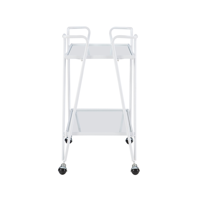 Pemberly Row 2-Level Rolling Bar Cart in White Metal with Mirrored Shelves