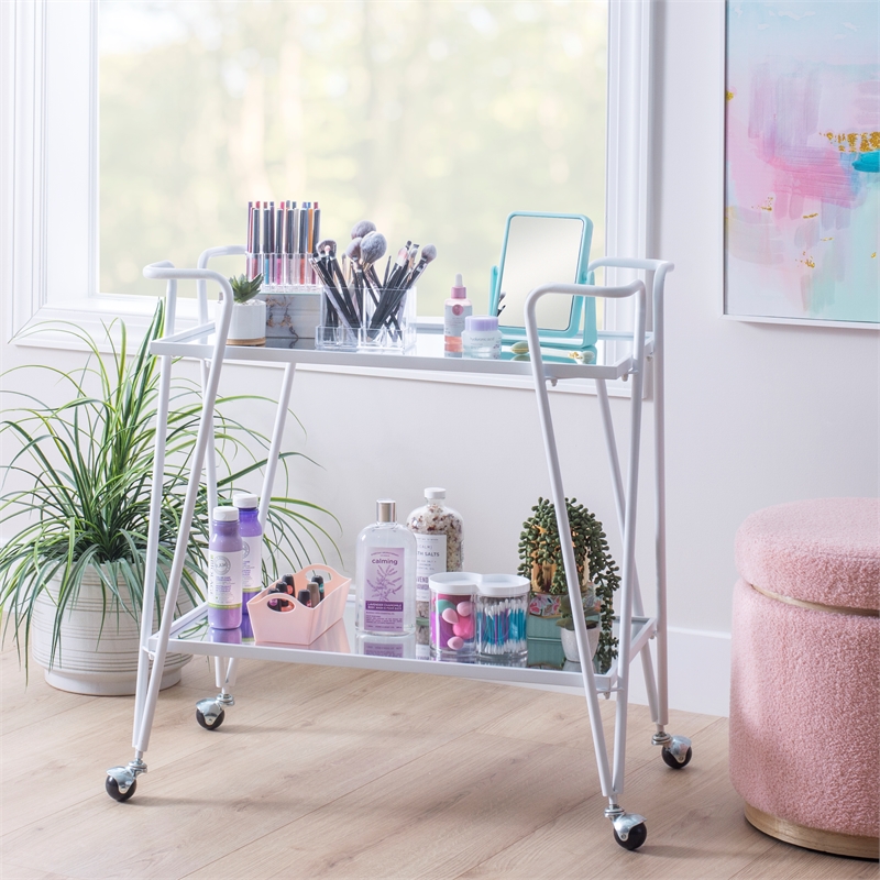 Pemberly Row 2-Level Rolling Bar Cart in White Metal with Mirrored Shelves