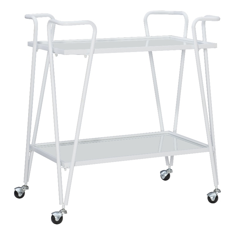 Pemberly Row 2-Level Rolling Bar Cart in White Metal with Mirrored Shelves