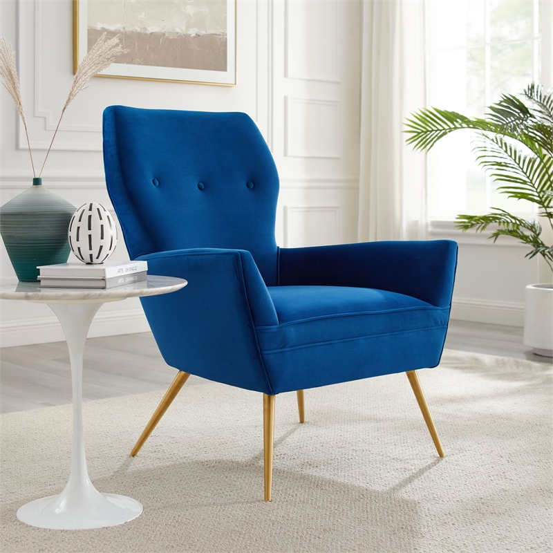 Pemberly Row Modern Velvet Tufted Armchair in Navy with Gold Legs