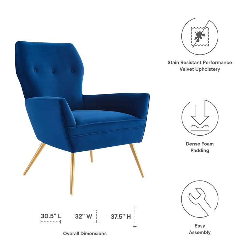 Pemberly Row Modern Velvet Tufted Armchair in Navy with Gold Legs