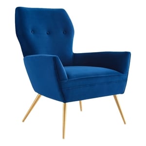 Pemberly Row Modern Velvet Tufted Armchair in Navy with Gold Legs