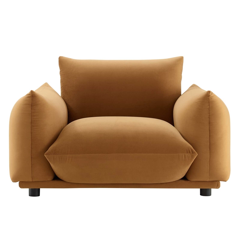 Pemberly Row Modern Velvet Armchair with Rubberwood Legs in Cognac