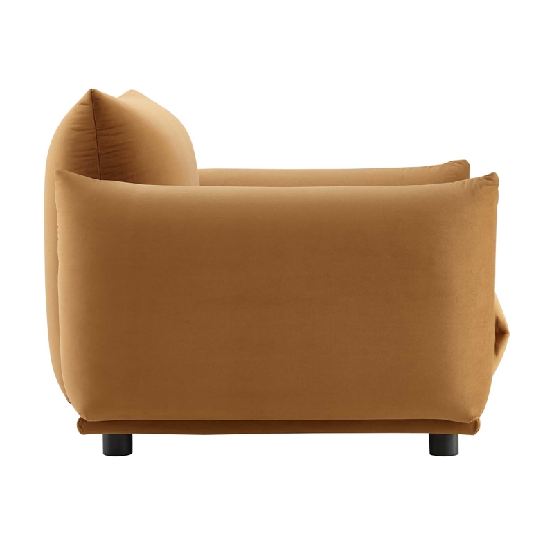 Pemberly Row Modern Velvet Armchair with Rubberwood Legs in Cognac