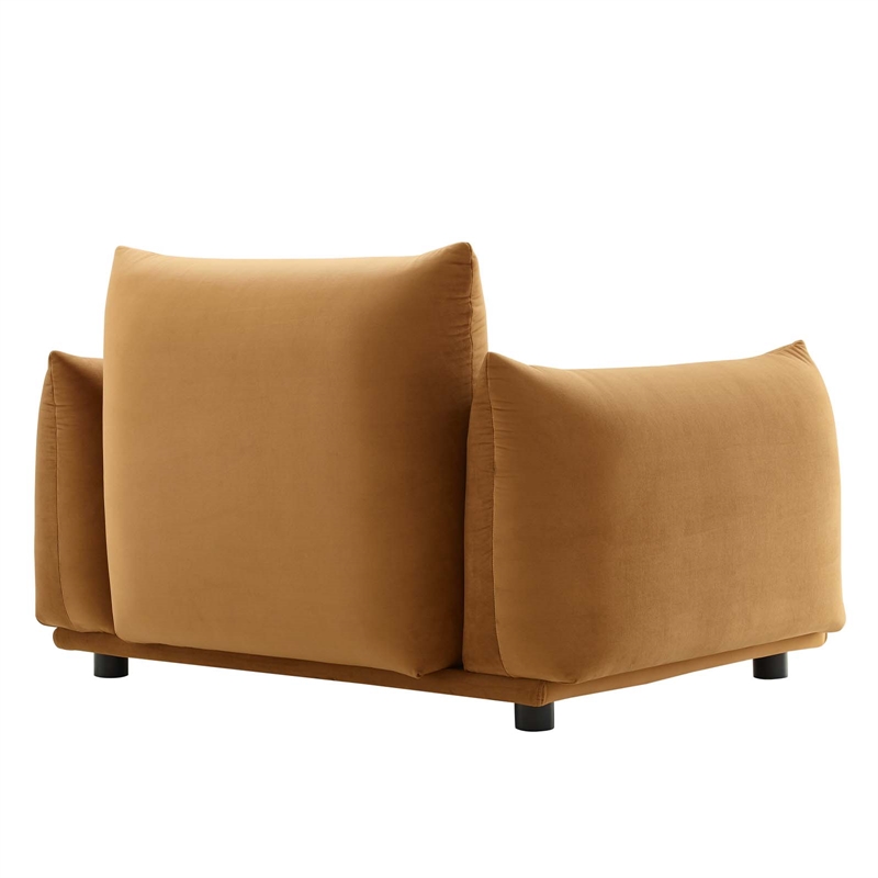 Pemberly Row Modern Velvet Armchair with Rubberwood Legs in Cognac