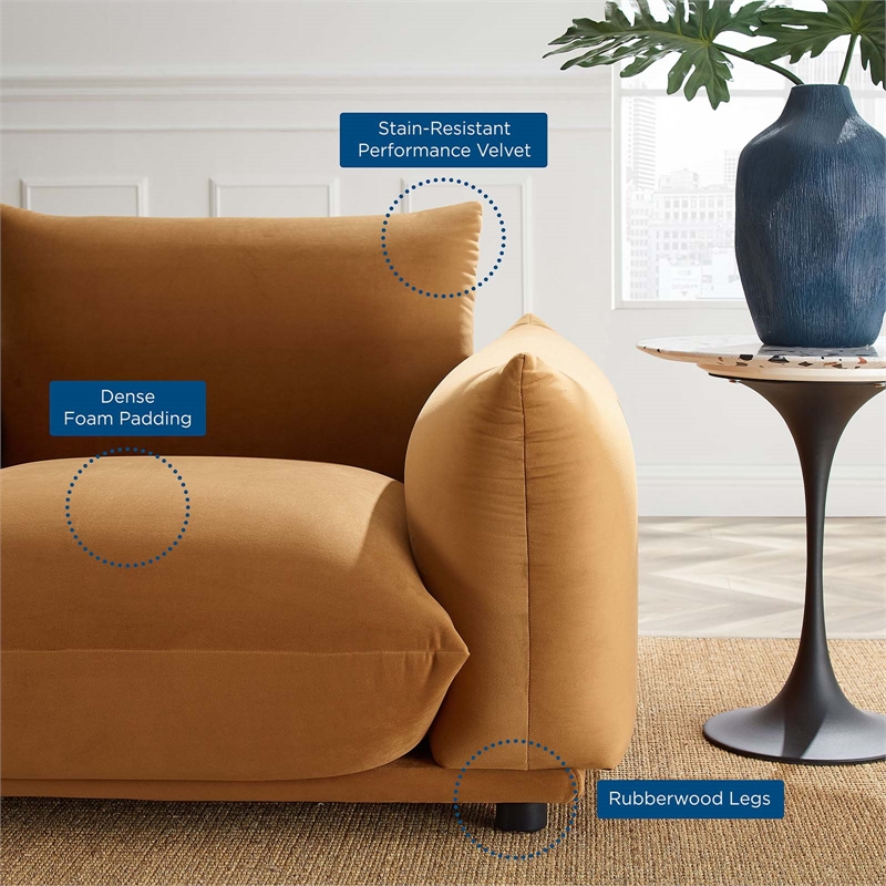 Pemberly Row Modern Velvet Armchair with Rubberwood Legs in Cognac