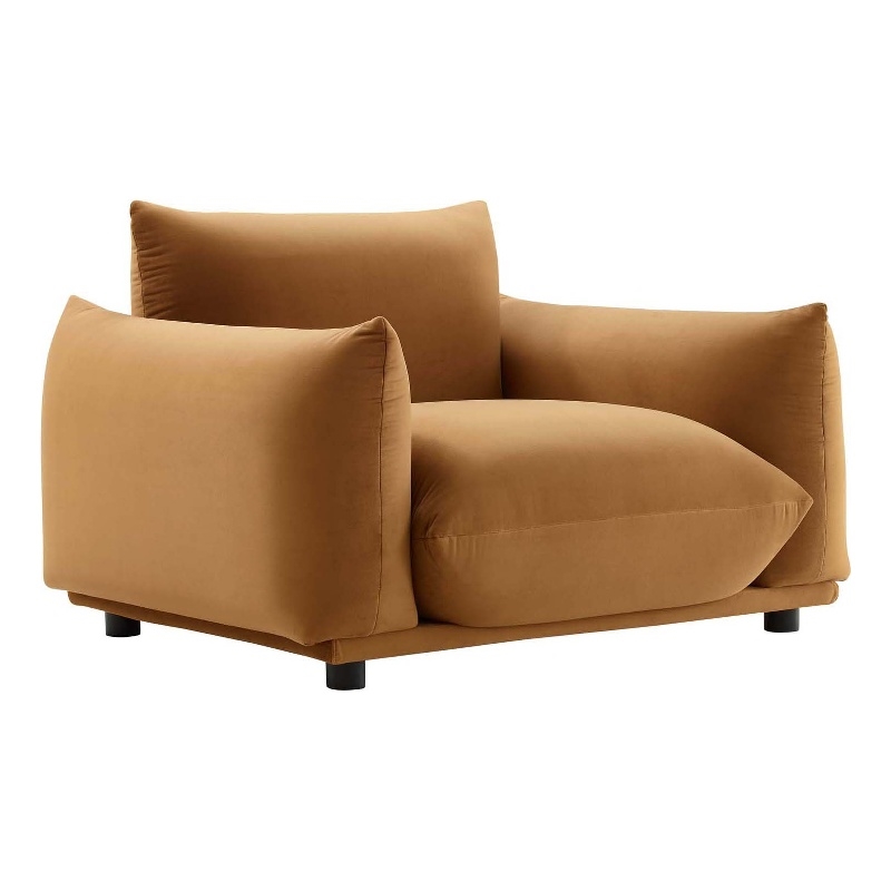 Pemberly Row Modern Velvet Armchair with Rubberwood Legs in Cognac