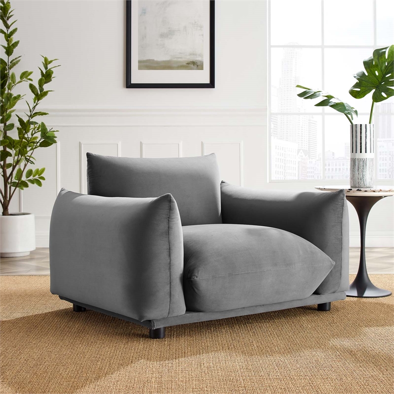 Pemberly Row Modern Velvet Armchair with Rubberwood Legs in Gray