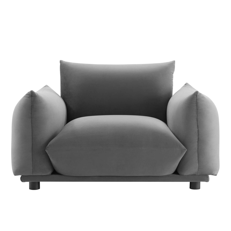 Pemberly Row Modern Velvet Armchair with Rubberwood Legs in Gray