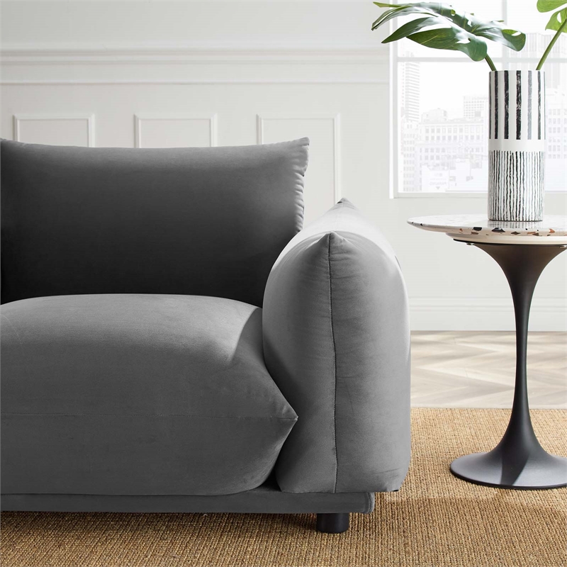 Pemberly Row Modern Velvet Armchair with Rubberwood Legs in Gray