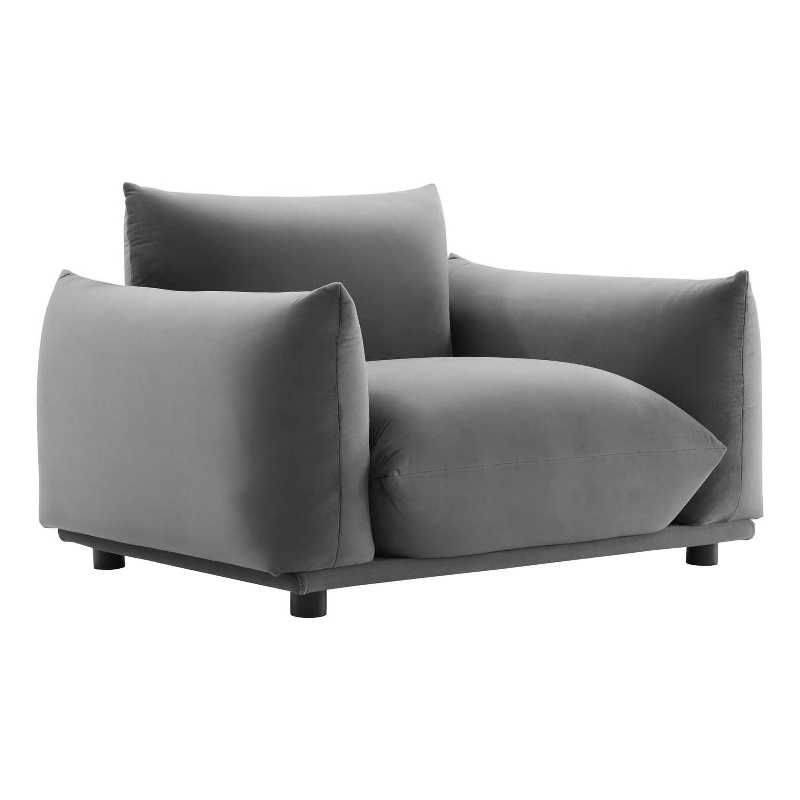 Pemberly Row Modern Velvet Armchair with Rubberwood Legs in Gray