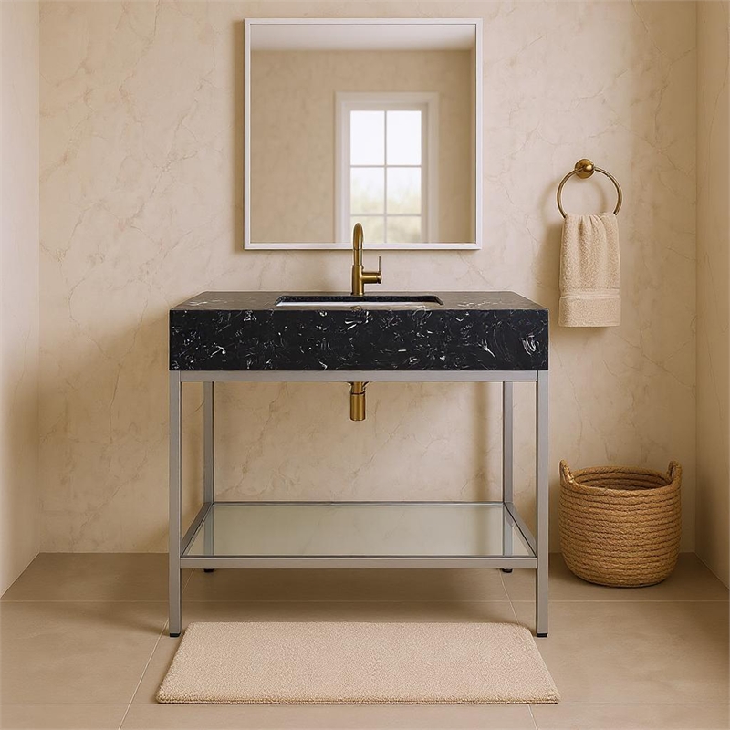 Pemberly Row 36-Inch Black Engineered Stone Bathroom Vanity with Chrome Base