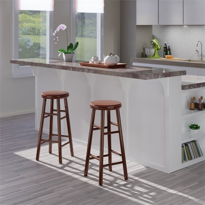 Pemberly Row 2-Piece Solid Wood Swivel Seat Bar Stool Set in Walnut