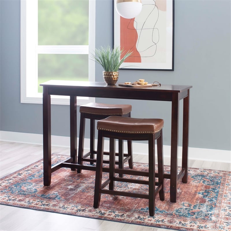 Pemberly Row 3-Piece Counter Dining Set Wood and Faux Leather Cognac Brown