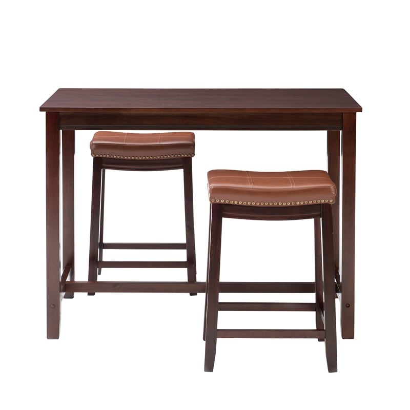 Pemberly Row 3-Piece Counter Dining Set Wood and Faux Leather Cognac Brown