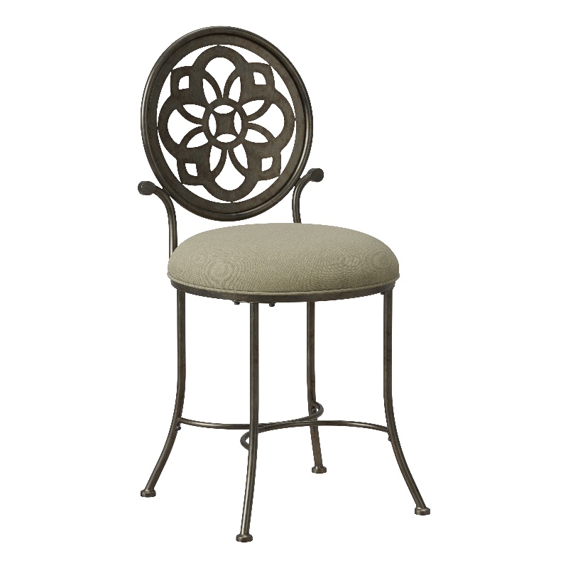 Pemberly Row Metal Upholstered Vanity Stool with Mandala Back in Antique Gray