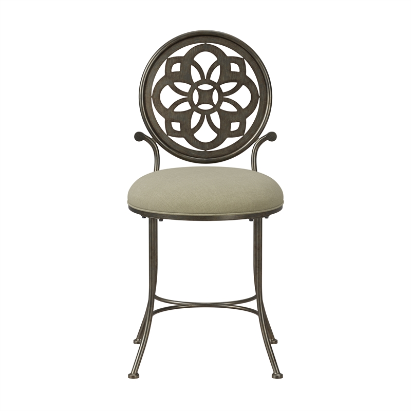 Pemberly Row Metal Upholstered Vanity Stool with Mandala Back in Antique Gray