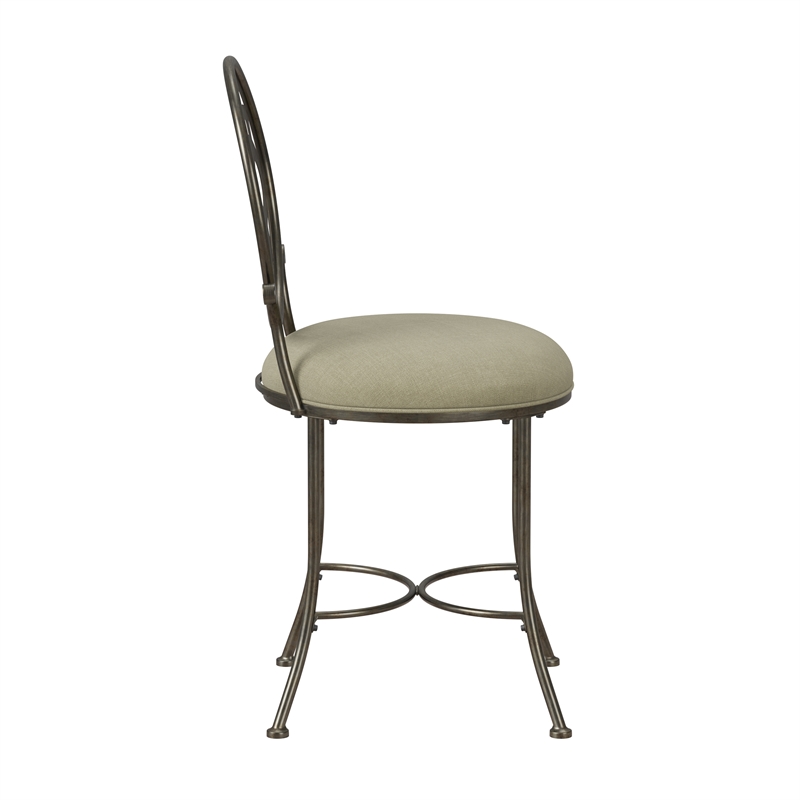 Pemberly Row Metal Upholstered Vanity Stool with Mandala Back in Antique Gray