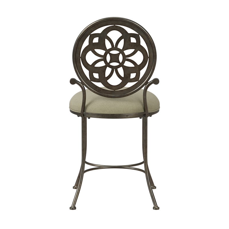 Pemberly Row Metal Upholstered Vanity Stool with Mandala Back in Antique Gray