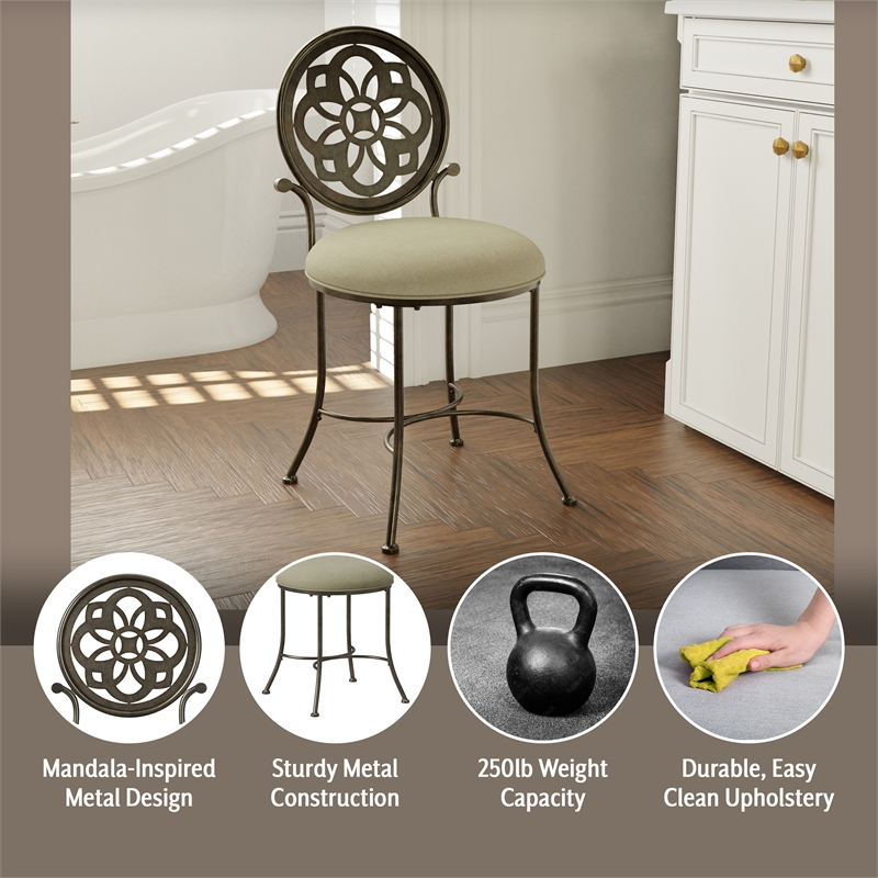 Pemberly Row Metal Upholstered Vanity Stool with Mandala Back in Antique Gray