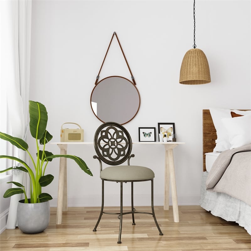Pemberly Row Metal Upholstered Vanity Stool with Mandala Back in Antique Gray
