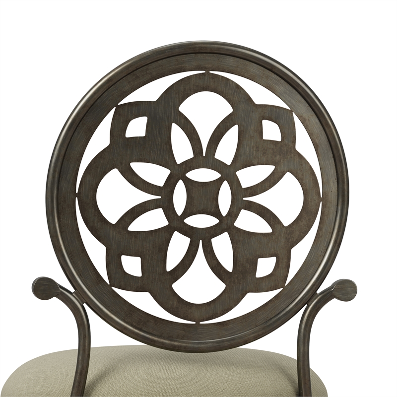 Pemberly Row Metal Upholstered Vanity Stool with Mandala Back in Antique Gray