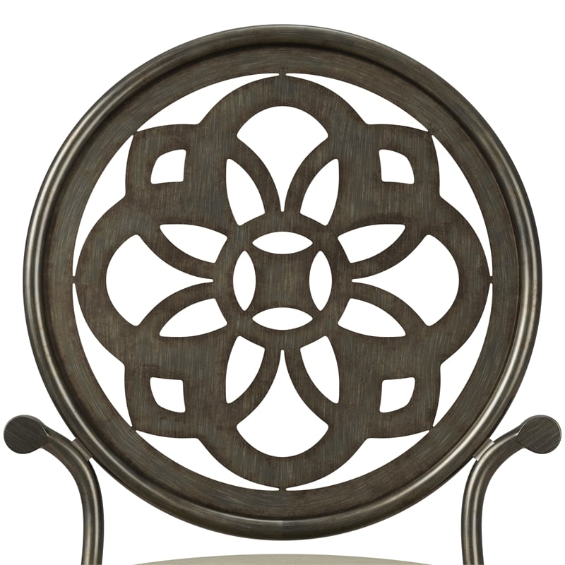 Pemberly Row Metal Upholstered Vanity Stool with Mandala Back in Antique Gray