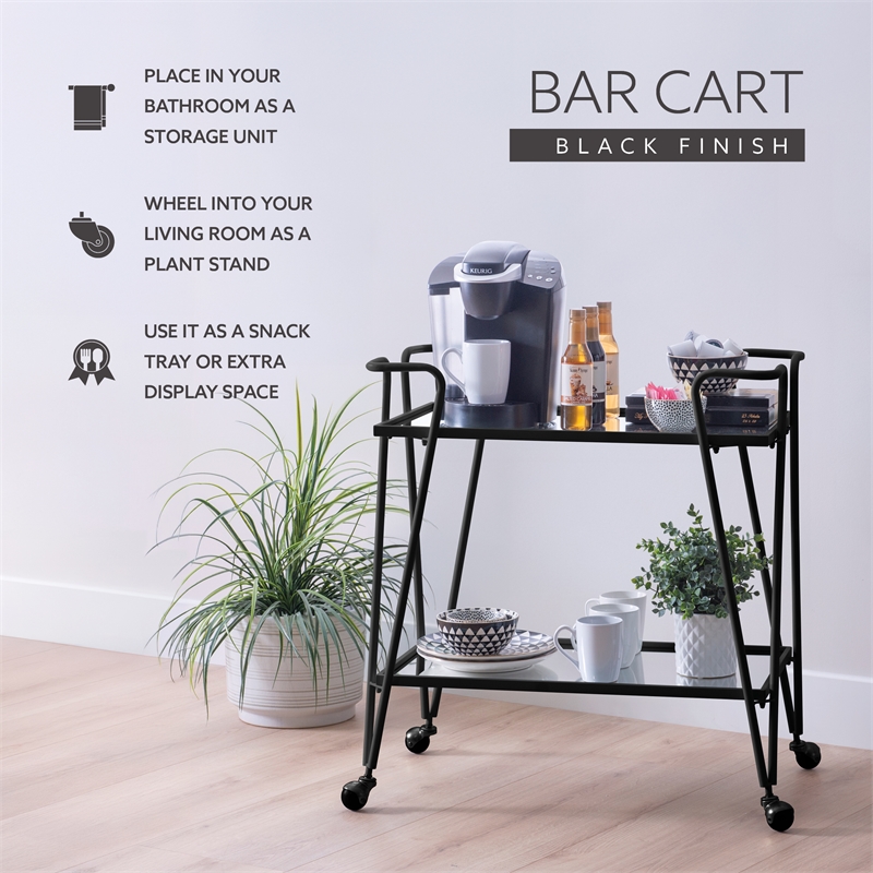 Pemberly Row Metal and Mirrored Rolling Bar Cart in Black