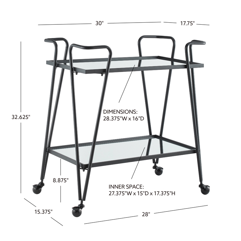 Pemberly Row Metal and Mirrored Rolling Bar Cart in Black
